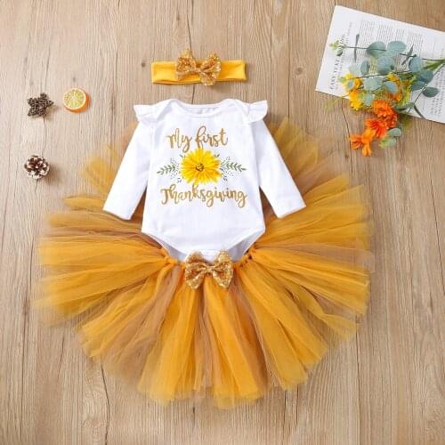 0-18M Thanksgiving Day Newborn Infant Baby Girls Clothes Set Floral Romper Bow Tulle Tutu Skirts Outfits Clothing