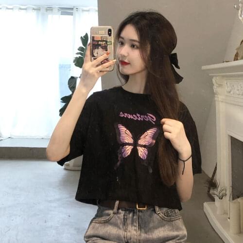 Short Streetwear Kleding Vrouwelijke Harajuku Overhemd shirt vintage clothes lovely Losse Butterfly print T-shirt Casual Mode