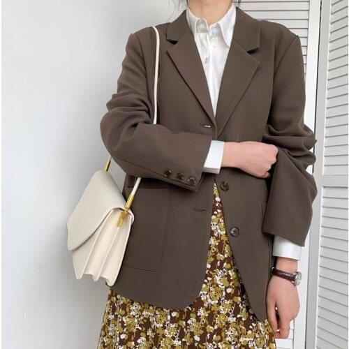 Korean Brown Blazers Coat Loose Big Pocket Casual Notched Collar Long Sleeve Suit Jacket Female Spring Autumn 2021 Women Outwear