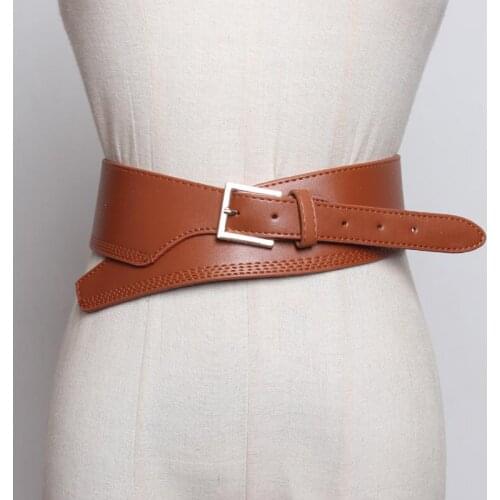 HOT Faux Leather Waistbands Asymmetrical Black Wide Long Pin Buckle Belt Women New Fashion Cummerbunds Dress Coat Party Decorate