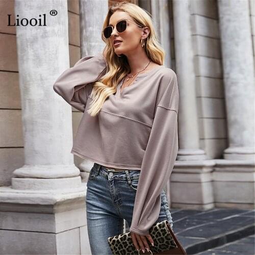 Liooil Baggy Sweatshirt V Neck Long Sleeve T Shirt Pullover With Side Slit For Women Casual Ladies Autumn Winter 2021 Streetwear