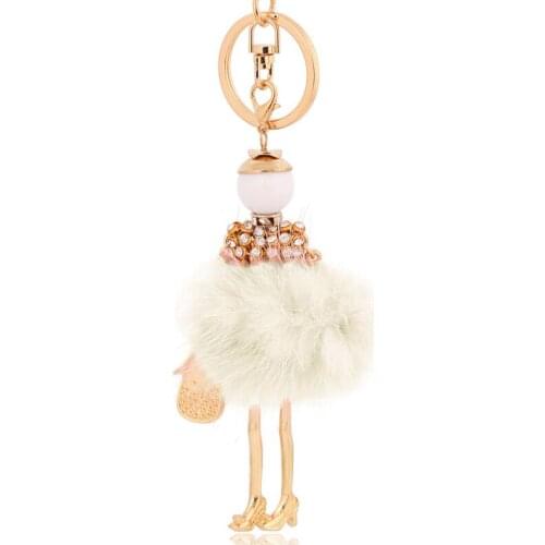 Fashion fur pompom car keychain white fur ball with crystal key ring chain gifts keyrings for women bag free shipping