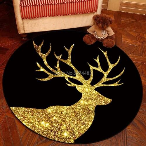 Merry Christmas Floor Area Rug Decor Bedside Chair Mat Kids Play Carpets Gold Deer Geometric Round Carpet for Living Room