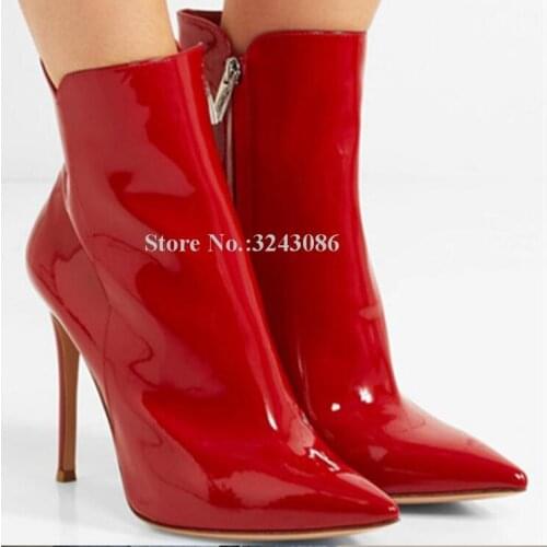 New Red Color Patent Leather Ankle Boots Lady Sexy Pointed Toe Fashion Stiletto Heels Short Boots Women Large Size Wedding Shoes