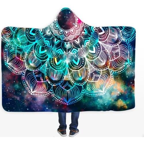 Bohemia Mandala Hooded Blanket Galaxy Stars Cloak Wearable Blankets Hoodie For Adults Universe Blue Sherpa Fleece Blanket