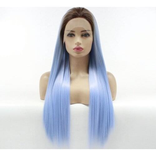 Ombre Party Wigs for Women Long Silky Straight Dark Roots Blue Wig Ombre Synthetic Lace Front Wigs Heat Resistant Fiber Hair