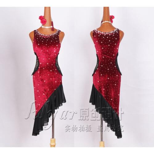 Latin dance competition dress performance dress performance dress wine red velvet high-end dance skirt earrings