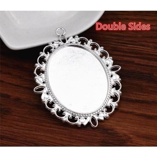 2pcs 30x40mm Inner Size Bright Silver Plated Double Sides Flower Style Cabochon Base Cameo Setting Charms Pendant