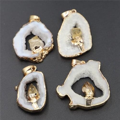 Irregularly Shaped Stone Pendant Geodess Agates Sliced Pendant Inlaid with Natural Citrines Dots, Elegant Quartz Jewelry Making