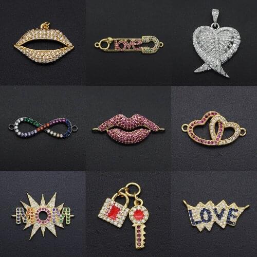 Gorgeous Diy Red Clips CZ Charms Wholesale Double Heart Necklace Pendant Zircon Lock Key Connector For Jewelry Love Making