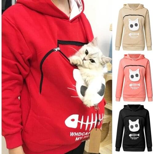 S-3XL New Fashion Women’s Sweatshirt Animal Pouch Hood Tops Carry Cat Intimate Nest Breathable Pullover 2020 Autumn Hoodies