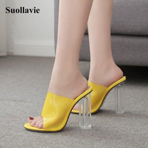 Suollavie 2020 Spring Summer Pointed Peep Toe Thick Heels Fish Mouth Super High Shallow PVC Slippers Sexy Party Sandals
