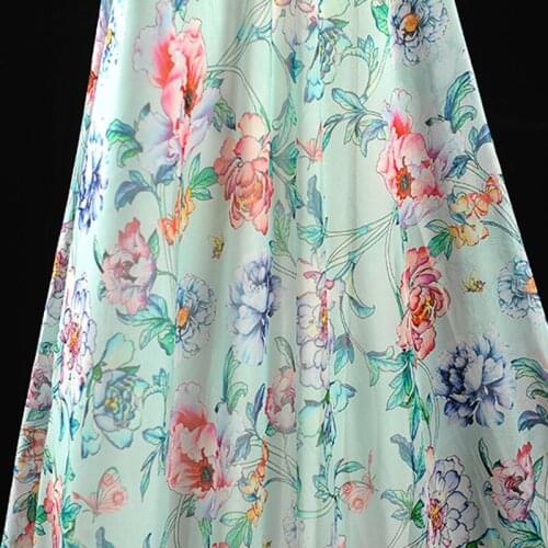 130CM Wide 8MM Floral Print Thin Stretch Blue Green Silk Georgette Fabric for Summer one-piece dress Shirt Clothes J247