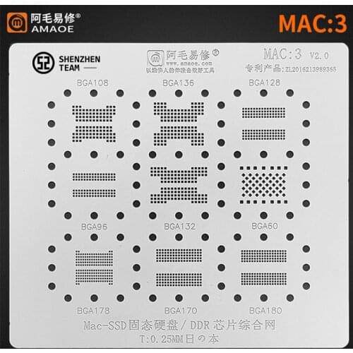 AMAOE Stencil MAC:3 MAC3 For Mac-SSD NAND/DDR IC BGA108 BGA136 BGA128 BGA178 BGA96 BGA170 BGA180 BGA132 Reballing Tin Plant Net