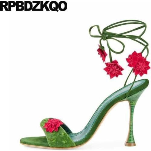 Lace Up High Heels Slingback Luxury Shoes Women Designer Green Strap Pumps Tie Runway 2018 Flower Stiletto Sandals Famous Brand