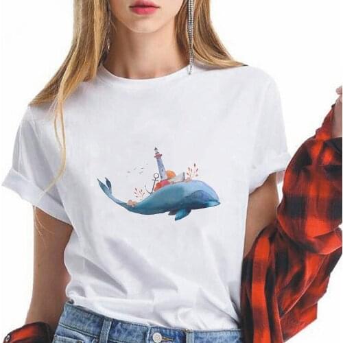 Womens Clothing 2021 Summer T Shirt Whale Lighthouse Print Tshirts Short Sleeve Directional Freedom Girls Can Do Anything Funny