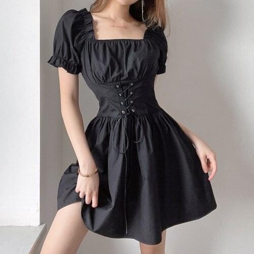 Women Dresses Black Thin Slash Neck Short Puff Sleeve Pleated Mini 2021 Summer New Vintage Street Gothic Fairy Grunge Femme Robe