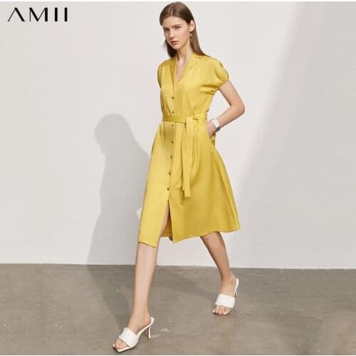 Amii Minimalism Style Womens Dresses Fashion Shirts Dress For Women Elegant Single Breasted Bandage Aline Maxi Dress 12130027