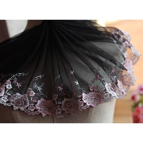 2yards/lot 22cm wide Embroidered Floral Tulle Lace Trim~Black + pink ~beautiful