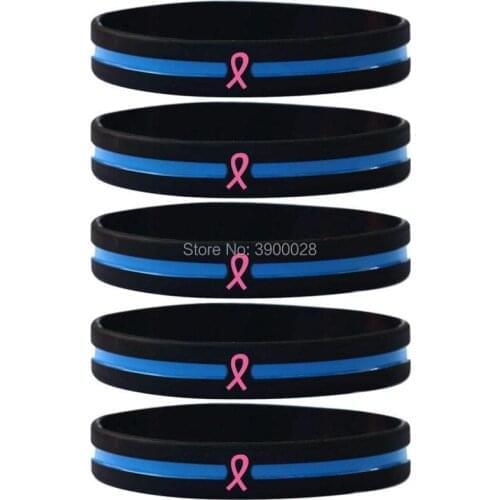 300pcs Pink Ribbon with The Thin Blue Line silicone wristband bracelet free shipping by DHL