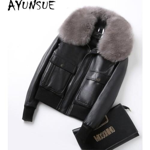 AYUNSUE Real Fox Fur Collar Winter Natural Sheepskin Coat Female 100% Real Genuine Leather Duck Down Jacket Women Clothes 1819-1