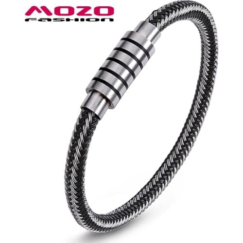 MOZO Fashion Bangle Men Jewelry Black Silver Color Metallic Rope Braided Stainless Steel Magnetic Buckle Male Bracelet