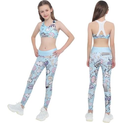Kids Tracksuits Sets Girls Cartoon Printed Tanks Top Vest Bra + Leggings Outfits Children Crop Top For Gymastics Fitness
