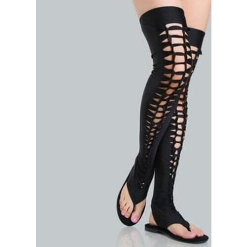 Dipsloot Woman Burgundy Black Elastic Clip-toe Over The Knee Flat Boots Girls Comfortable Gladiator Cuts Out Long Casual Boots