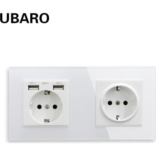 UBARO German Standard 172*86mm Tempered Crystal Glass Panel Wall Socket With Usb 5V 2A Plugs Electrial Home Outlet AC100-250V