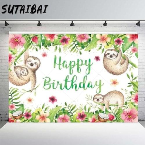 Sloth Happy Birthday Photography Backdrop Flower Tropical Leaves Woodland Background Baby Shower Newborn Baby Shower Party Decor