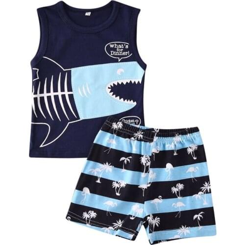 Infant Toddler Baby Boys Tops Short Sleeve Shark T-shirt + Stripe Short Pants 2pcs Outfit Baby Boy Summer Casual Clothes 0-36M
