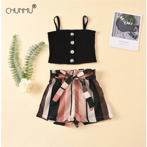 Childrens Summer Clothing Set 2021 New Kids Girl Fashion Set Button Sling Top + Striped Chiffon Shorts 2PCS Casual Outfit Set