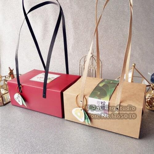 100pcs Red Kraft Paper Box With long Handle Wedding Gift Box Muffin Packaging Party Dessert Baking Package Cookies tea gift Box