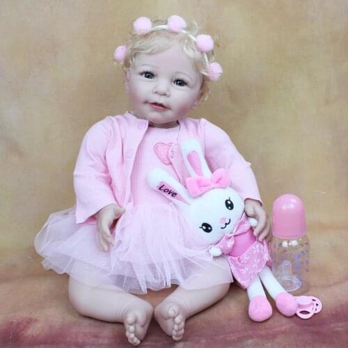 55 CM Soft Silicone Reborn Baby Lisa Girl Doll Toy Lifelike Cloth Body Realistic 22 Inch Blonde Hair Princess Pink Dress Bebe