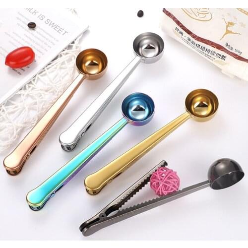 Coffee Measuring Scoop Spoon Kitchen Dining Restaurant Long Handle Multifunction Sealing Bag Stainless Steel With Clip