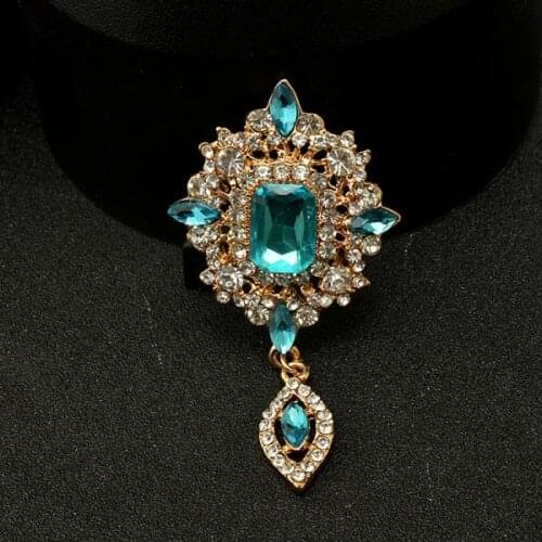 Fashion Blue Rhinestone Crystal Tear Drop Brooch Wedding Party Jewelry With Pendant