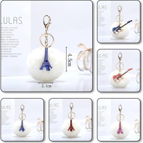 Fashion guitar charm pendant women bag fur ball key chain pompon pom pom cute puffy bunny plush fluffy furball keychain