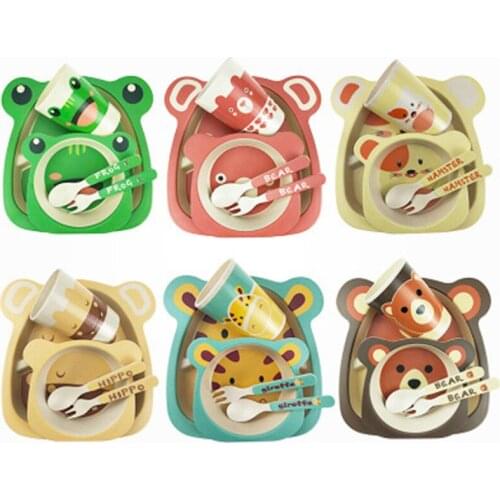 5 Pcs Kids Dinnerware With Bowl Fork Cup Spoon Plate Baby Tableware Children Cartoon Feeding Dishes Kids Natural Bamboo Fiber