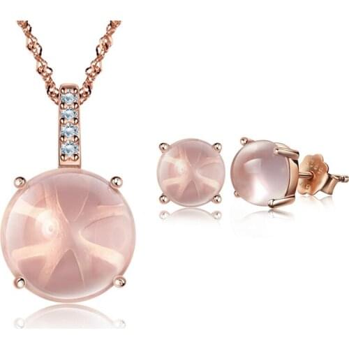 Ociki Rose Gold Color CZ Crystal Pink Opal Chokers Necklace and Earrings Jewelry Set Ross Quartz for Women Girls Drop Shipping