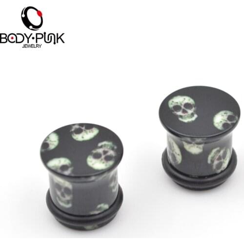 BODY PUNK Fashion 1Pair Acrylic Sugar Skull Ear Plugs Expander Stretcher Tunnels Piercing 2mm To 12.7mm Black SPLG 001