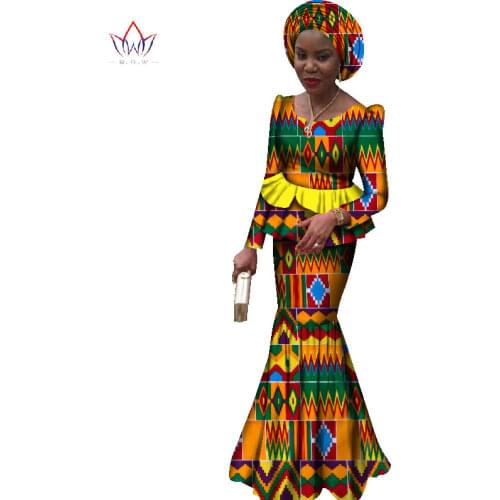 2021 New african dresses for women 2 pieces suit african traditional clothing dashiki robe femmes print cotton wax BRW WY1863