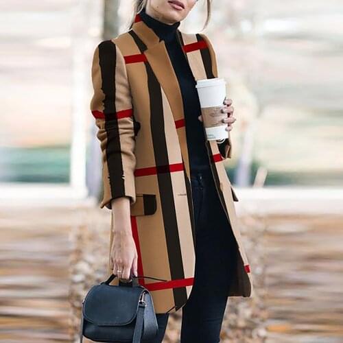 2021 New Autumn And Winter Womens New Long-sleeved Lapel Coat Printed Woolen Coat Fashion Striped Plaid Slim Coats Oversized