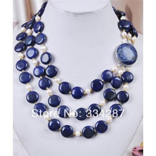 3Rows White Akoya Cultured Pearl & Genuine Coin Lapis Lazuli Jewelry Necklace