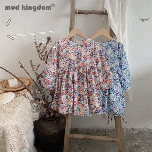 Mudkingdom Floral Dress for Little Girl Crew Neck Long Sleeve Loose Princess Dresses Toddler Drop Shoulder Clothes Spring Autumn