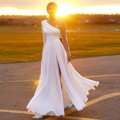 Sexy White Ivory Beach Wedding Dresses 2021 Long Sleeves O Neck Pearl Beading A Line Chiffon Bridal Gowns Vestidos De Novia