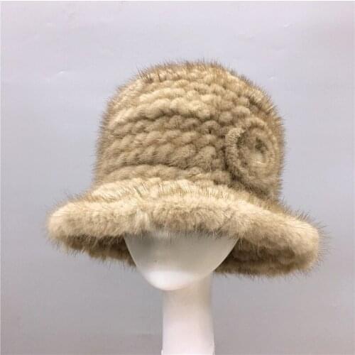 Genuine mink fur hats for women fedora knitted warm thick hat in winter beanies caps with floral new arrival H176