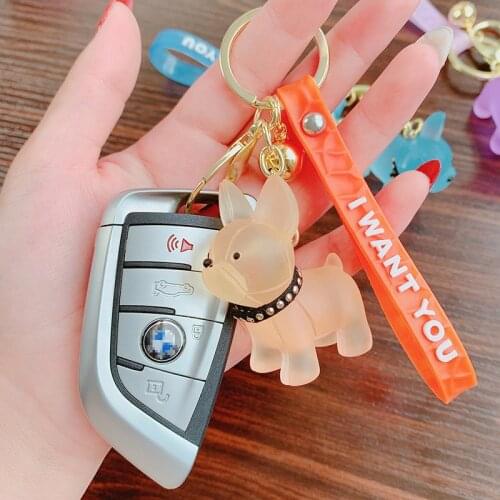 Cute Crystal French Bulldog Keychain Leather Rope Keyring Holder Punk Style Penant Bag Charm Trinket Chaveiros Bag Accessories