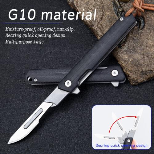 G10 folding knife folding multi-purpose knife outdoor survival camping hunting knife quick blade including 10 spare blades