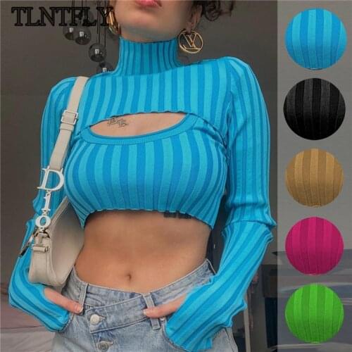 TLNTFLY Y2K High Neck Knitted Striped Sweater Two Sets Long Sleeve Top And Vest Women Autumn Sexy Streetwear Pullover Clothes