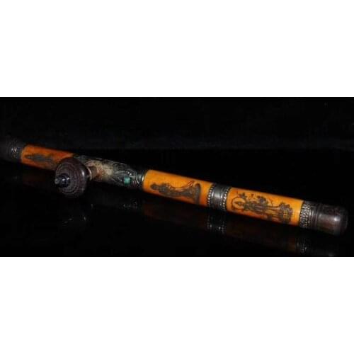 Elaborate Antique collectibles, ancient Chinese bone wrapped Tibetan silver smoke gun and tobacco rod smoking pipe